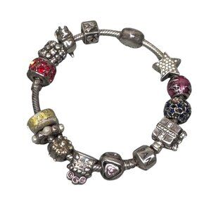 Vintage Pandora Sterling Silver Charm Bracelet With Lot of 13 Mixed Charms 6.5”
